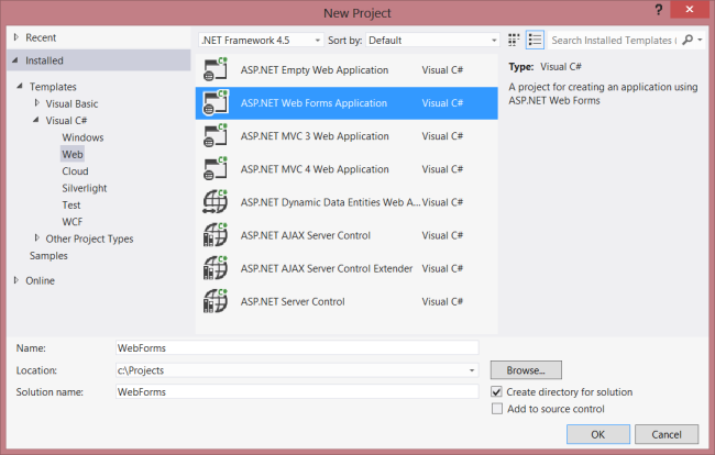 Captura de tela do novo painel de modelo de projeto, mostrando as opções de menu disponíveis para criar o novo formulário de aplicativo web A SP dot NET.