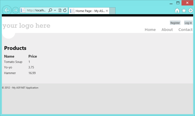Captura de tela do navegador da Web exibindo o rótulo, os nomes e os preços dos produtos, como um exemplo para representar a aparência dele.