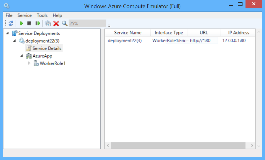 Captura de tela da IU do Emulador de Computação do Azure, mostrando o menu e as informações de endereço do ponto de extremidade IP ao selecionar a opção 