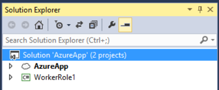 Captura de tela da janela do gerenciador de soluções, realçando o novo projeto Azure App e mostrando o nome do aplicativo e a opção de função de trabalho abaixo dele.