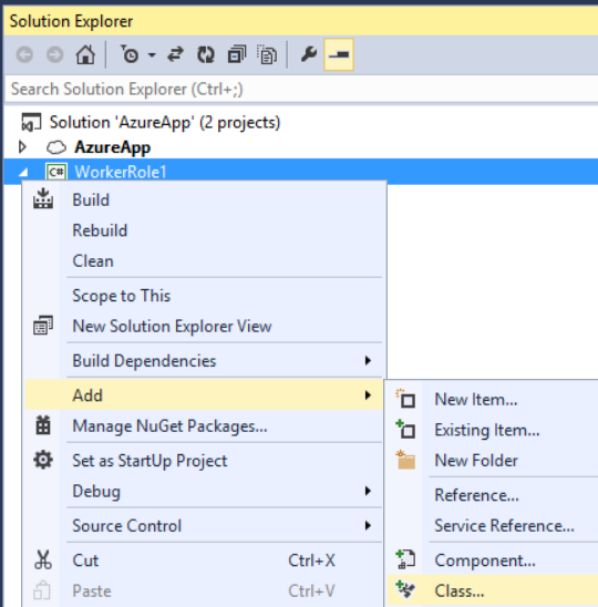 Captura de tela da janela do gerenciador de soluções, mostrando as opções de menu e realçando o caminho para adicionar uma classe.