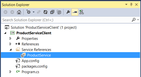Captura de tela da caixa de diálogo gerenciador de soluções, mostrando o menu no 'cliente do serviço de produto' e realçando a opção de 'Serviço de Produto'.