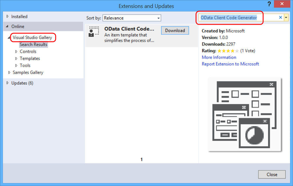 Captura de tela da caixa de diálogo extensões e atualizações, mostrando o menu para baixar e instalar o gerador de código do cliente VS I X para dados O.
