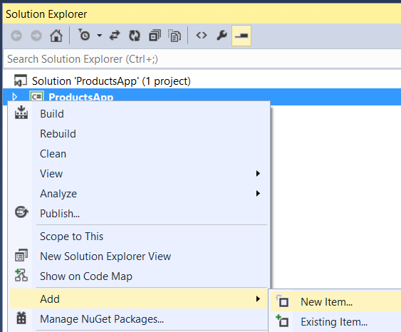 Captura de tela da caixa de diálogo gerenciador de soluções, mostrando o caminho do arquivo para adicionar um novo item ao projeto, realçando as opções em amarelo.