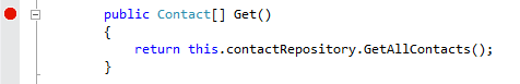 Colocando um ponto de interrupção no método Get do controlador de API