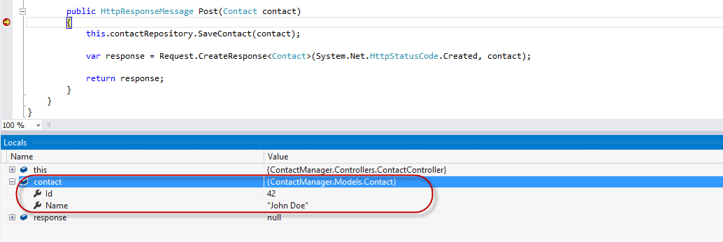 O objeto Contact que está sendo enviado para a API Web do cliente