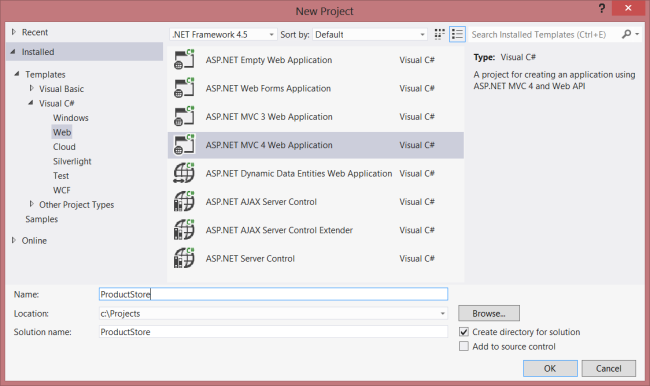 Captura de tela da nova janela do projeto, mostrando as opções de menu e realçando o caminho para criar um aplicativo Web A SP dot NET M V C 4.