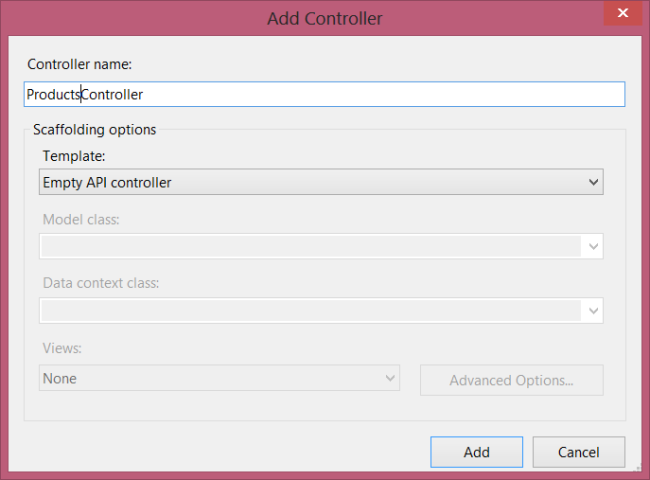 Captura de tela da janela Adicionar controlador, mostrando o campo nome do controlador para inserir um nome e uma lista suspensa de modelos, em opções de scaffolding.