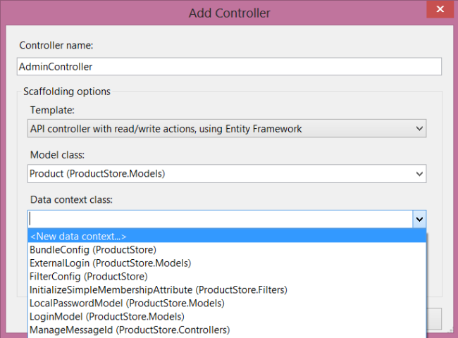 Captura de tela da caixa de diálogo Adicionar Controlador. O menu de classe de contexto de dados está aberto e o novo contexto de dados é realçado.