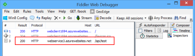 Depurador da Web fiddler mostrando solicitações da Web