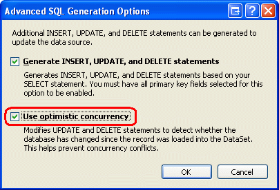 Você pode adicionar suporte de simultaneidade otimista na caixa de diálogo Opções avançadas de geração de SQL