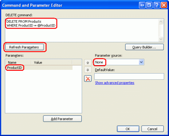 Captura de tela mostrando a janela Editor de Comando e Parâmetro com o parâmetro <span class=
