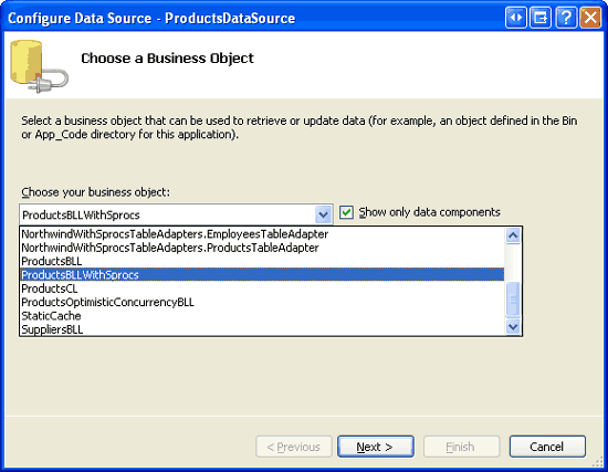 Configurar o ObjectDataSource para usar a classe ProductsBLLWithSprocs
