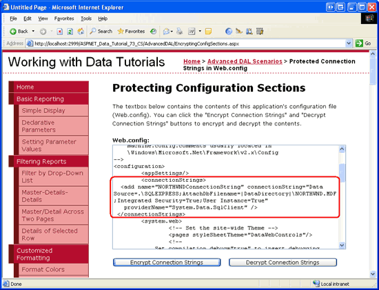 Captura de tela mostrando a página EncryptingConfigSections.aspx carregada em um navegador da Web.