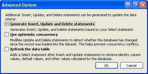 Captura de tela mostrando a janela Opções Avançadas com a caixa de seleção Gerar instruções Inserir, Atualizar e Excluir selecionada.