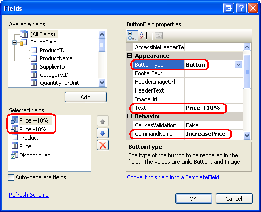 Configurar as propriedades ButtonFields Text, CommandName e ButtonType