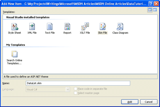 Captura de tela mostrando a janela Adicionar Novo Item com Default.skin inserida como o novo nome do arquivo skin.