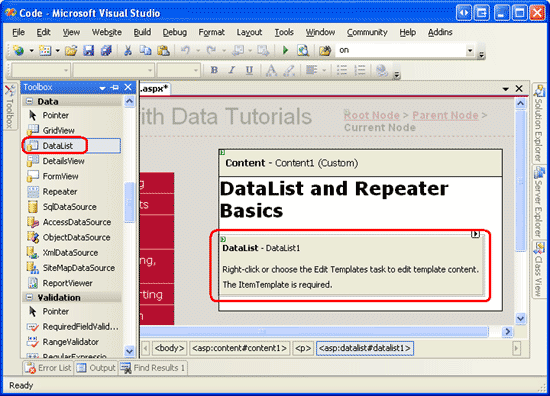 Arraste a DataList da caixa de ferramentas para o Designer