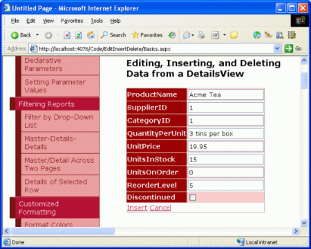 Captura de tela mostrando o DetailsView da página Basics.aspx em um navegador da Web.