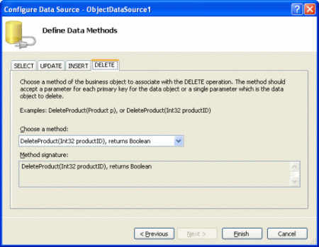 Mapear o método Delete() do ObjectDataSource para o método DeleteProduct da classe ProductBLL
