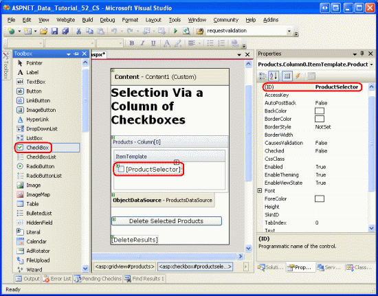 Adicionar um controle Web CheckBox chamado ProductSelector ao ItemTemplate de TemplateField