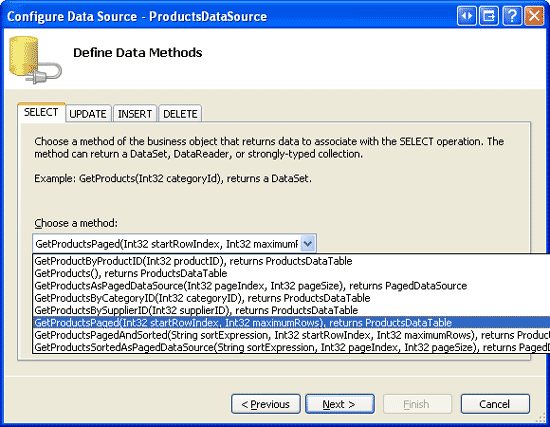 Configurar o ObjectDataSource para usar o método GetProductsPaged da classe ProductsBLL