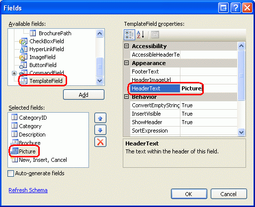 Captura de tela mostrando a janela campos com TemplateField, Picture e HeaderText realçados.