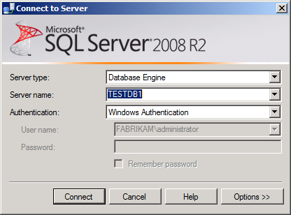 Esta imagem ilustra: na caixa de diálogo Conectar ao Servidor, na caixa Nome do servidor, digite o nome do servidor de banco de dados e clique em Conectar.
