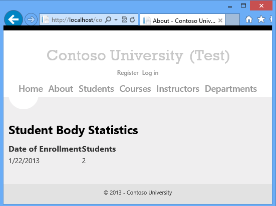 Captura de tela mostrando a página Sobre exibindo as Estatísticas do Corpo do Aluno.
