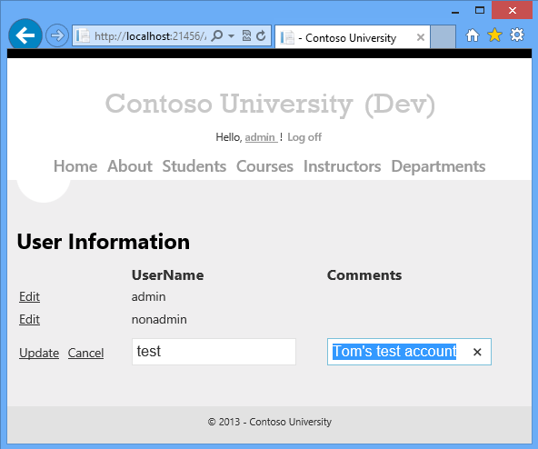Captura de tela mostrando a página UserInfo exibindo o teste UserName e a conta de teste do Comentário Tom.