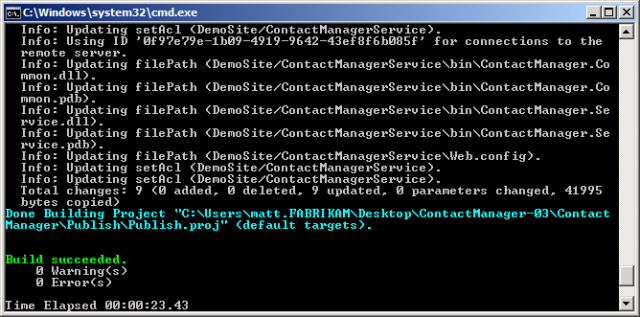 Se as configurações e os servidores de teste estiverem configurados corretamente, a janela prompt de comando mostrará uma mensagem Build bem-sucedida quando o MSBuild terminar de processar os arquivos de projeto.
