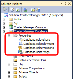 Se você abrir a solução de exemplo do Contact Manager no Visual Studio 2010, verá que o projeto de banco de dados inclui uma pasta Propriedades que contém quatro arquivos.