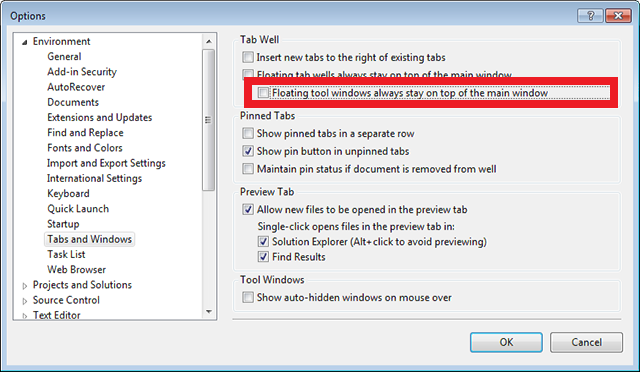 Desmarque a caixa de seleção janelas de ferramentas flutuantes para ALT+TAB entre o Visual Studio e a janela de Inspetor de Página desencaixada
