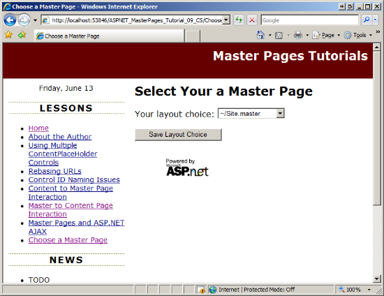 As Páginas de Conteúdo são exibidas usando o site. Página Mestra do master