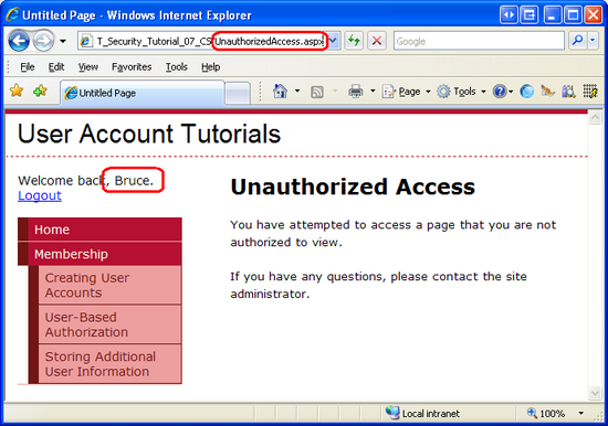 Usuários autenticados e não autorizados são redirecionados para UnauthorizedAccess.aspx