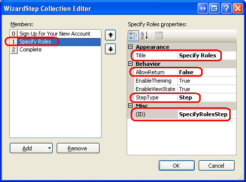 Captura de tela que mostra as propriedades Especificar Funções selecionadas na janela Editor de Coleção de Etapas do Assistente.