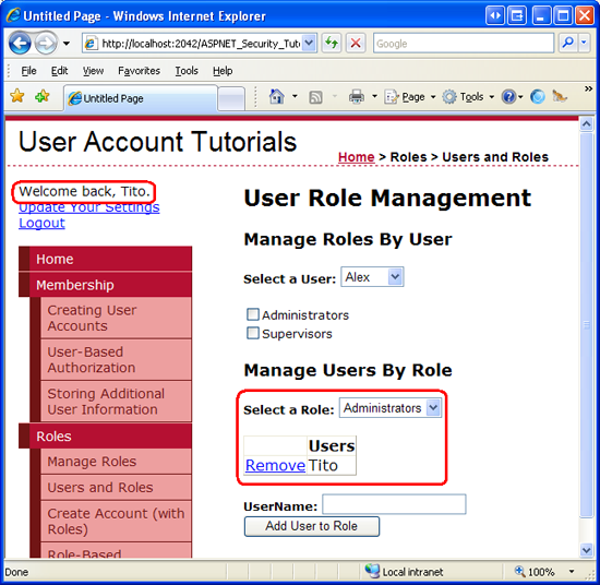Tito pode visitar a página UsersAndRoles.aspx porque ele está na função administradores