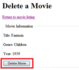 Excluir página Filme com o botão Excluir Filme realçado