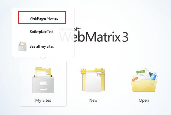 Captura de tela da tela inicial da Matriz da Web mostrando as opções Abrir Site e Meus Sites realçadas com um retângulo vermelho.