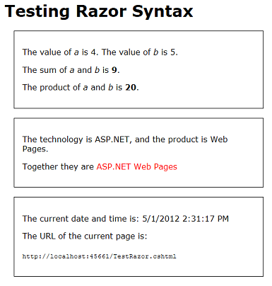 Captura de tela da página Testar Razor em execução em uma janela do navegador, mostrando três caixas com os valores e expressões resolvidos.