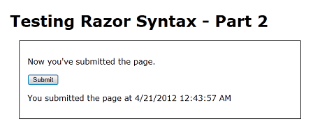 Captura de tela da página Testar o Razor 2 em um navegador da Web após o envio da página com uma cadeia de caracteres de consulta na caixa U R L.