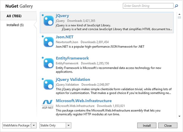 Captura de tela da caixa de diálogo Nu Get Gallery na Web Matrix mostrando uma lista de pacotes disponíveis para instalação.