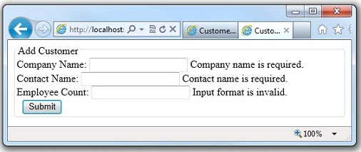 Captura de tela que mostra as mensagens de erro exibidas se os usuários inserirem uma cadeia de caracteres para o campo Funcionários.