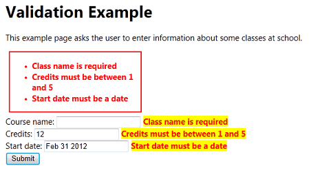 Captura de tela que mostra erros de validação que usam classes de estilo CSS.