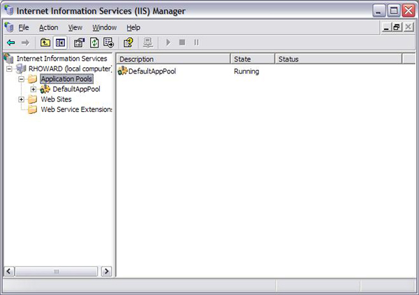 Captura de tela da tela do gerenciador do Windows IIS. O menu de arquivo mostra a pasta Pools de Aplicativos realçada.