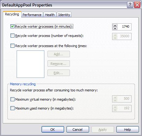 Captura de tela da tela Propriedades defaultAppPool do gerenciador do IIS do Windows. A opção Reciclar processos de trabalho (em minutos) é verificada.