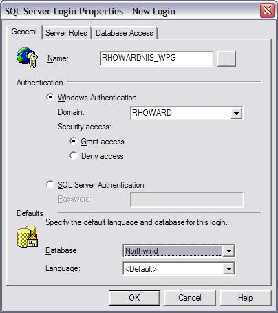 Uma captura de tela do Windows Server Enterprise Manager SQL Server tela Propriedades de Logon. A guia Geral está selecionada.