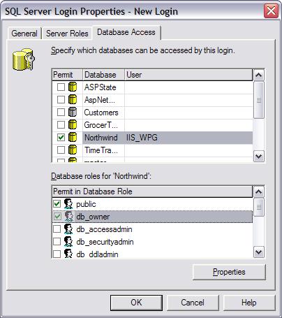 Uma captura de tela do Windows Server Enterprise Manager SQL Server tela Propriedades de Logon. A guia Acesso ao Banco de Dados está selecionada.