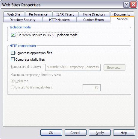 Uma captura de tela da tela Propriedades do Site do Gerenciador do IIS do Windows. A guia Serviço está selecionada.