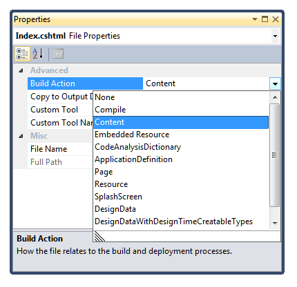 Captura de tela da caixa de diálogo propriedades. O menu de ação de compilação está aberto e a opção de conteúdo está selecionada.